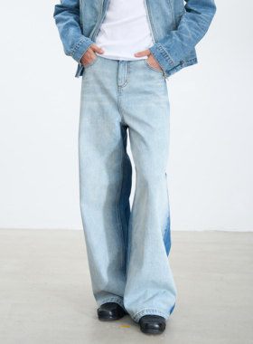 ROLE IN LFIE A字型复古做旧重度水洗中高腰浅色拼接牛仔长裤