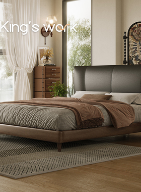 2025新款高端中古复古现代简约真皮主卧大床实木软包靠背头层牛皮
