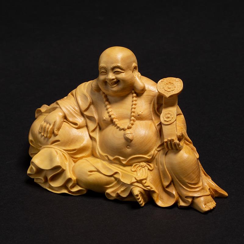 黄杨木家用供奉笑佛像汽车摆件雕刻工艺品客厅装饰木雕大肚弥勒佛