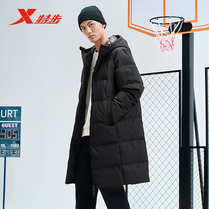 特步运动中长款连帽羽绒服男2024冬新款宽松保暖外套976429640100