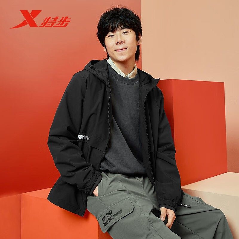 特步双层风衣男款2025秋季新款梭织连帽防风运动外套975129150513,运动服/休闲服装,运动风衣,淘宝优惠券,粉丝福利购,淘宝优惠卷