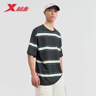 半袖 特步男款 条纹时尚 短袖 纯棉针织透气T恤976229010574 2024夏季