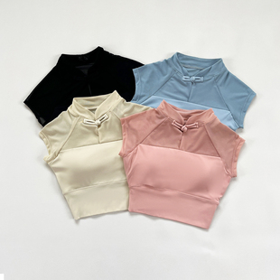 国风运动短袖速干侧边褶皱显瘦一体杯带胸垫上衣健身训练瑜珈服