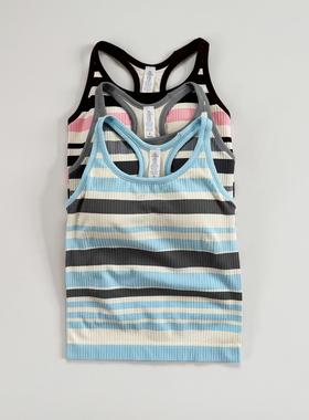 LULU条纹ebb瑜伽服背心女工字带胸垫一体式长款跑步运动健身美背