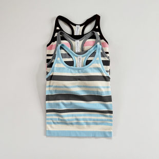 LULU条纹ebb瑜伽服背心女工字带胸垫一体式 跑步运动健身美背 长款