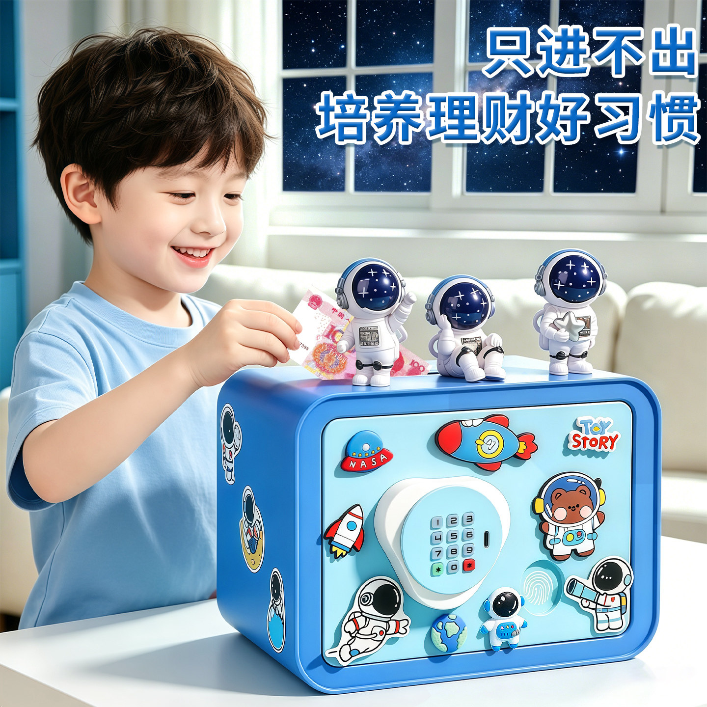 萌趣太空主题可爱蓝色智能存钱罐儿童保险柜密码解锁多功能储蓄罐
