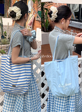 韩版ins风条纹撞色双面帆布包大容量通勤蓝色单肩包百搭托特包女