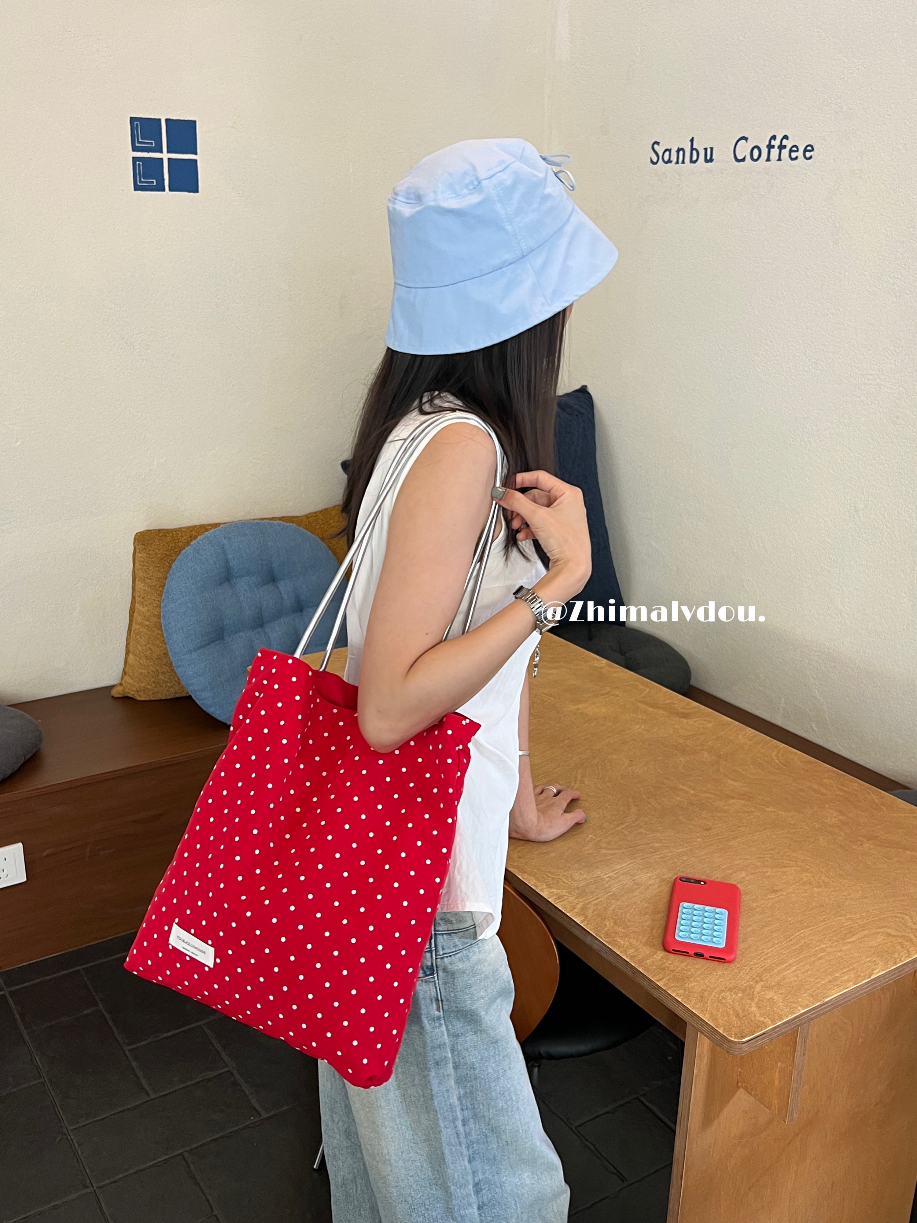 韩系红色波点双面可背帆布包慵懒风大容量通勤单肩包尼龙托特包女