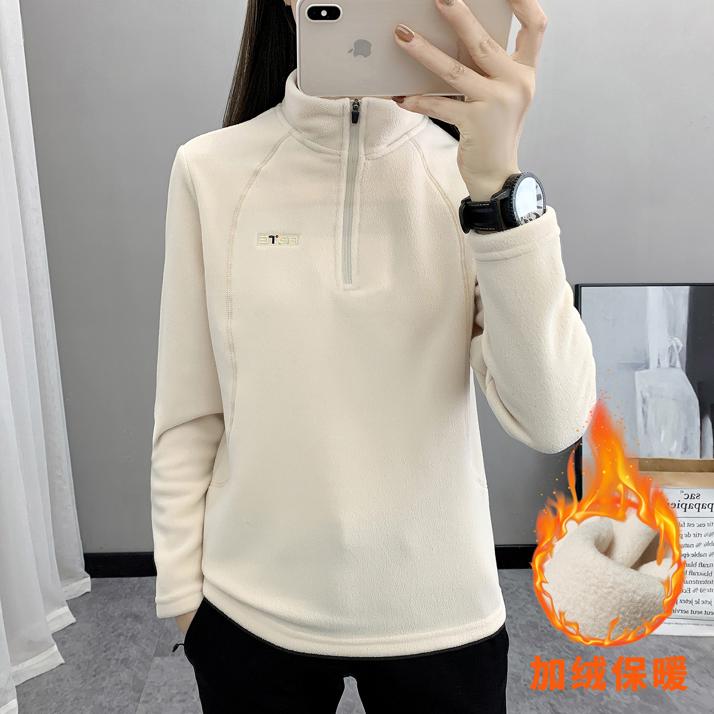 YG户外抓绒衣女防风弹力冲锋衣内胆休闲半高领摇粒绒登山运动T恤