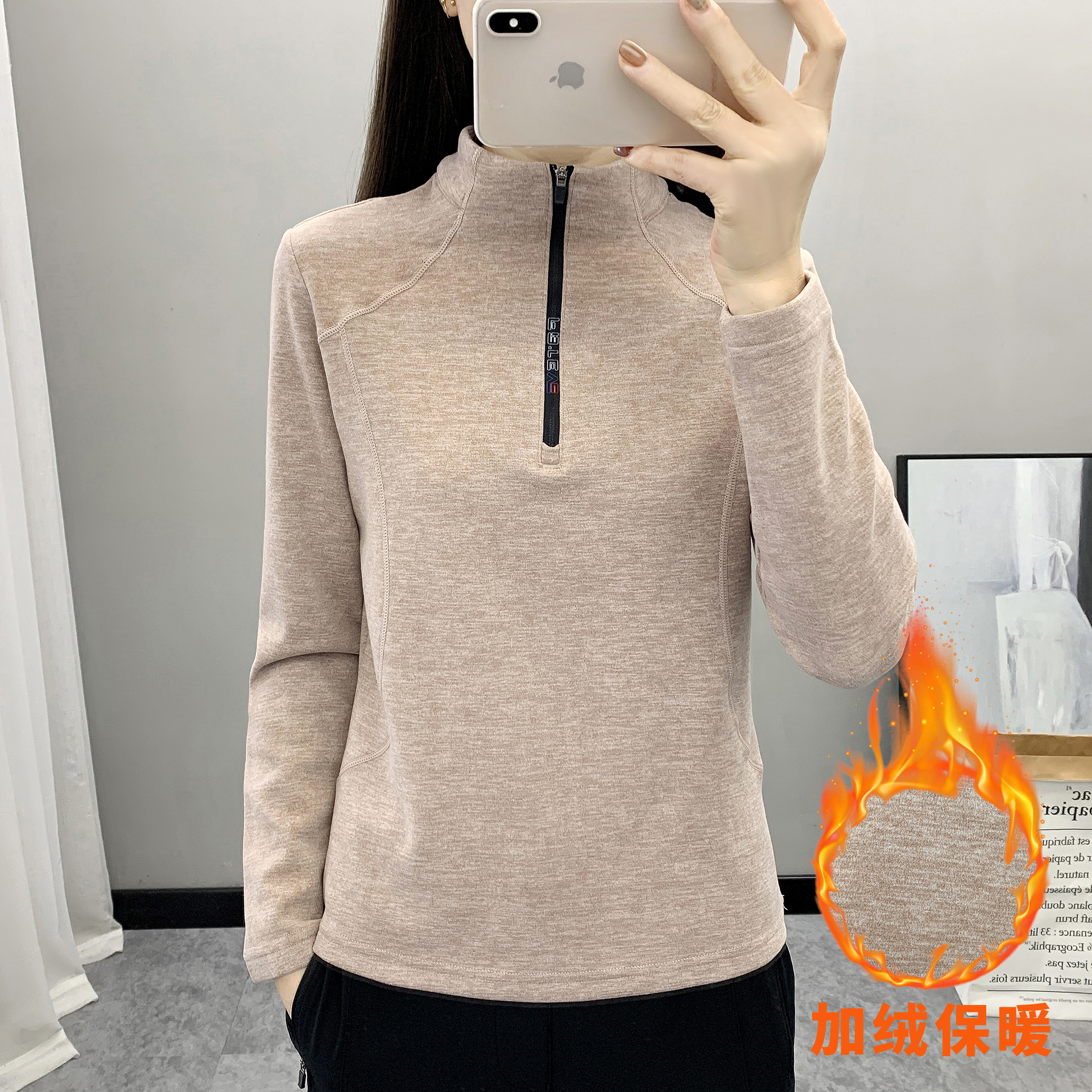 YG户外抓绒衣女防风弹力冲锋衣内胆休闲半高领摇粒绒登山运动T恤