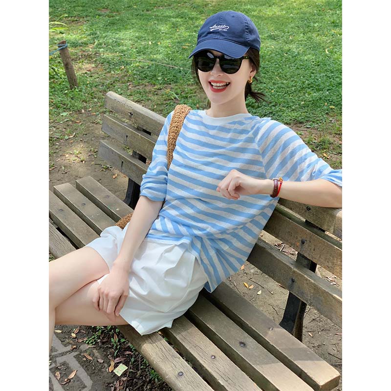 蓝色条纹长袖面膜t恤防晒空调衫女夏季松弛感穿搭宽松上衣罩衫薄