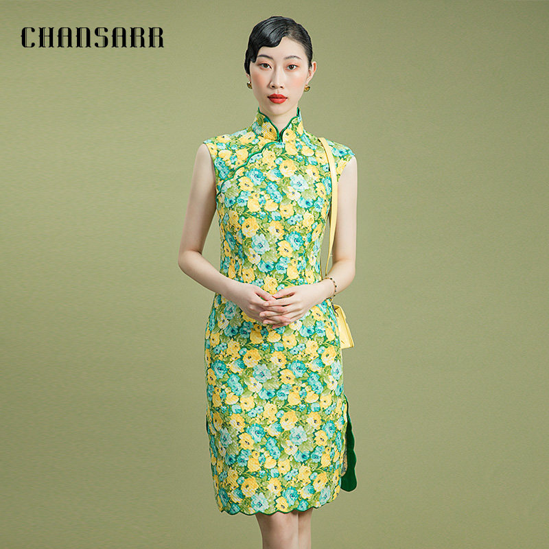 香莎CHANSARR 新中式浪漫印花连衣裙 清新淡雅气质改良开叉旗袍