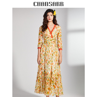 原创设计师品牌 香莎秋装新款金盏菊真丝连衣裙百搭印花A型长裙