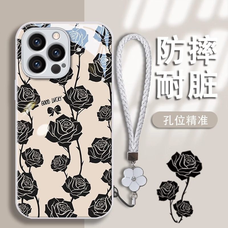 黑玫瑰适用苹果15promax手机壳iphone14/13金属漆玻璃保护套12mini创意11pro女款xr高级气质xsmax全包7/8plus 3C数码配件 手机保护套/壳 原图主图