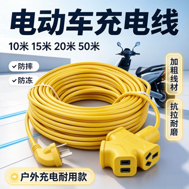 电瓶车充电线10米50米电源插座户外延长线防摔防水10/16A插线板