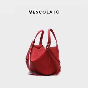 女式 Mescolato菜篮子头层牛皮婚包红色水桶包上班通勤2025新款 包