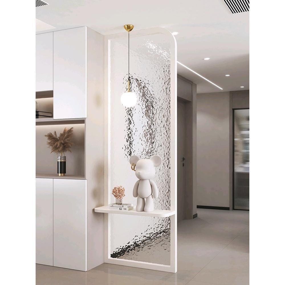 法式奶油风客厅入户屏风玄关洗手台浴室柜弧形轻奢水波纹玻璃隔断