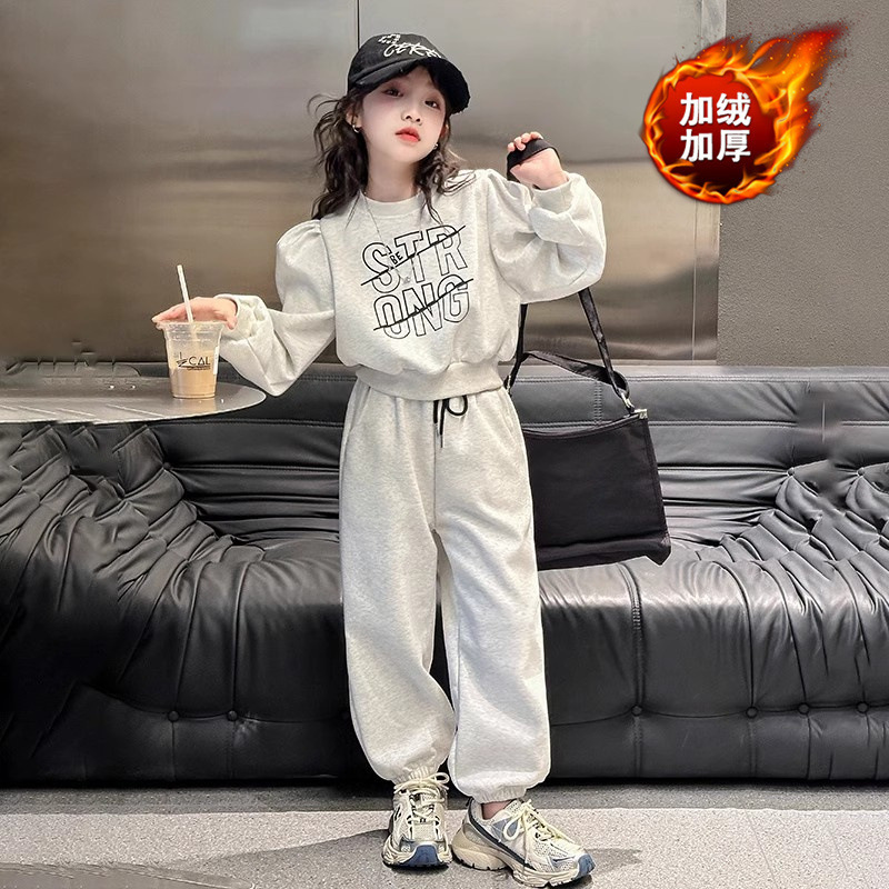 女童卫衣加绒加厚套装冬装2024新款韩版儿童洋气卫裤女大童