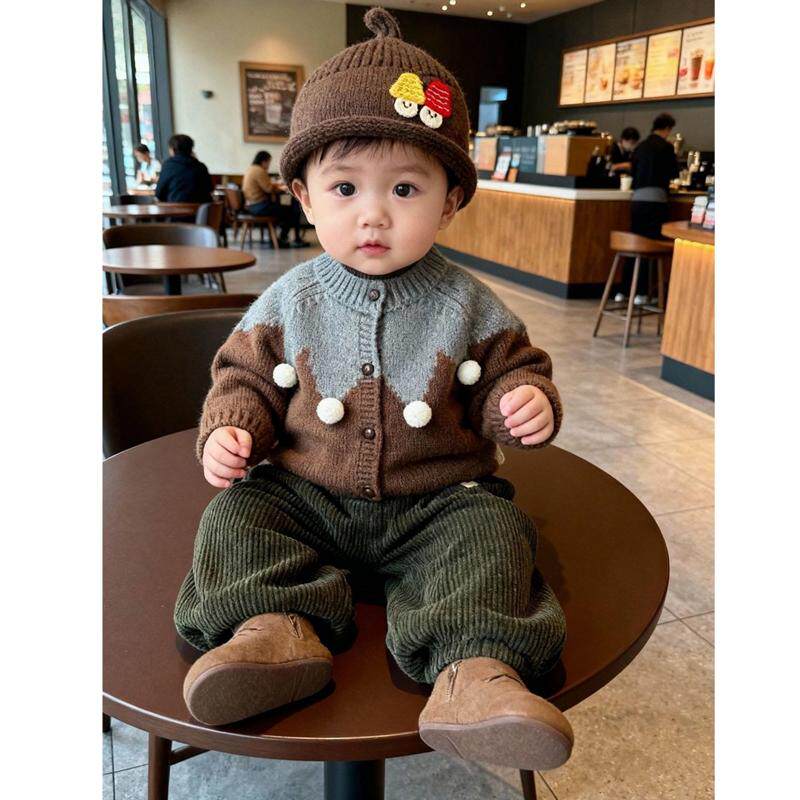 婴儿衣服冬季新款针织上衣男宝宝韩版撞色毛衣外套灯芯绒长裤套装