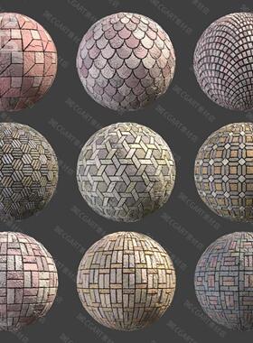 60种Substance Designer人行道地面地砖路面铺路石砖块纹理sd材质