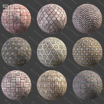 60种Substance Designer人行道地面地砖路面铺路石砖块纹理sd材质