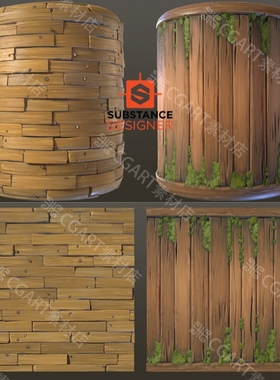 Substance Designer风格化木架木框木板材质sd苔藓木栏材质sbs