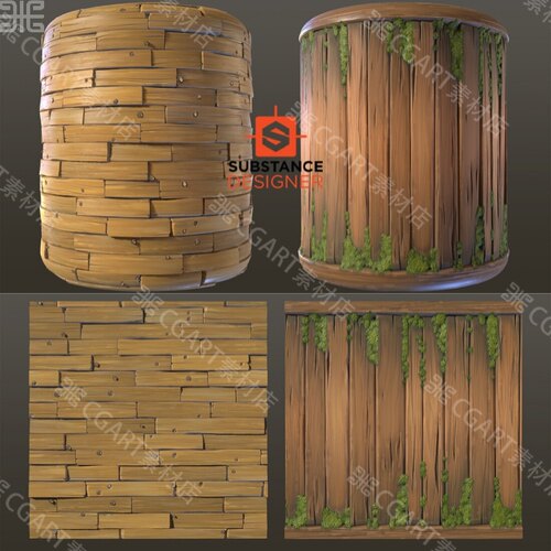 Substance Designer风格化木架木框木板材质sd苔藓木栏材质sbs