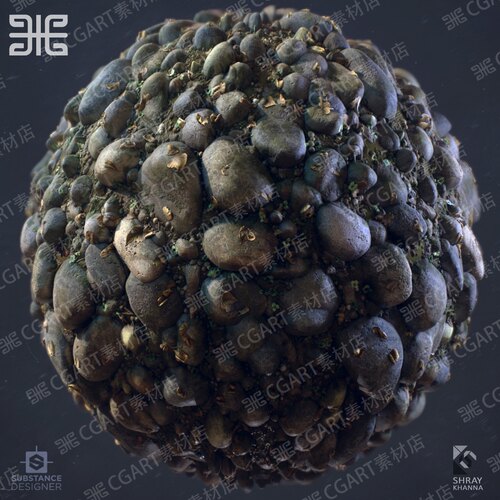 Substance Designer写实河流石头石块落叶树叶地形岩石SD材质球sd