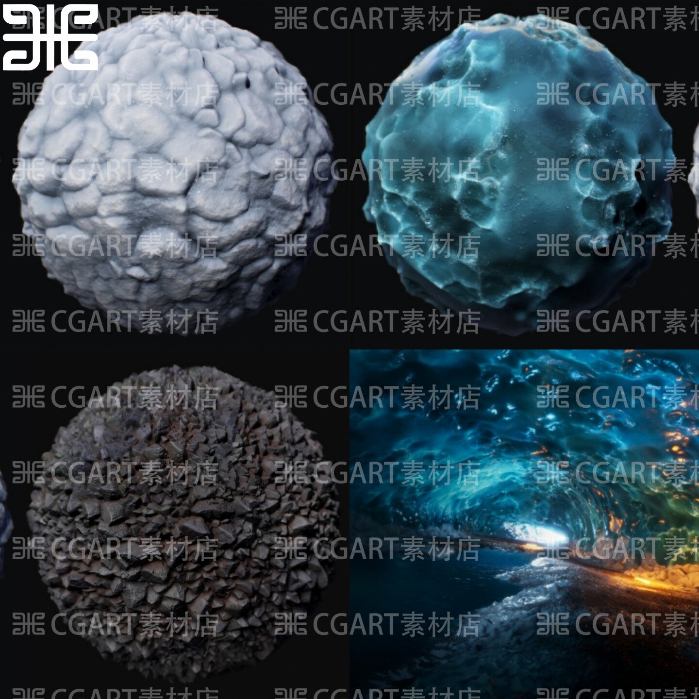 3种Substance DesignerUE湖水雪白块状冰川冰河水沙砾碎石材质球