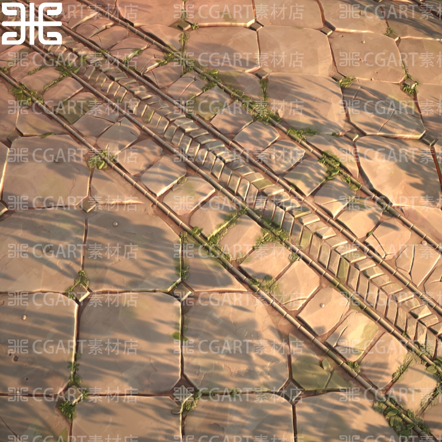 Substance Designer风格化道路古瓷砖石砌砖铺地石纹理sd材质球pt