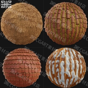 化屋顶瓦片木瓦瓷瓦纹理pt材质球 SD风格 12种Substance Designer