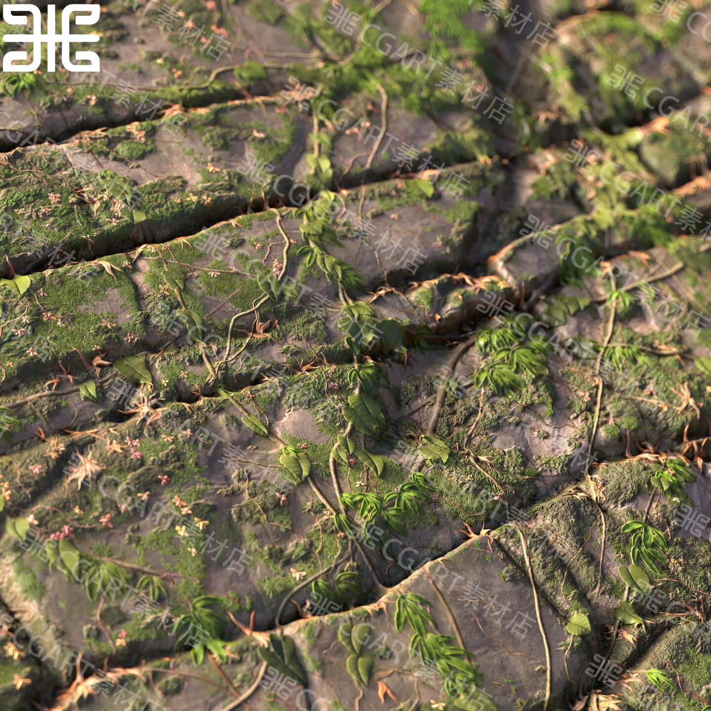 Substance Designer写实杂草丛生苔藓藤条石壁石砖石纹理sd材质球