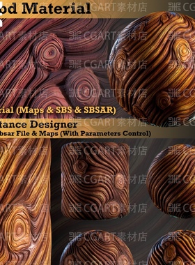 substance designer风格化木头木结纹理sd材质球老树木材pt材质球