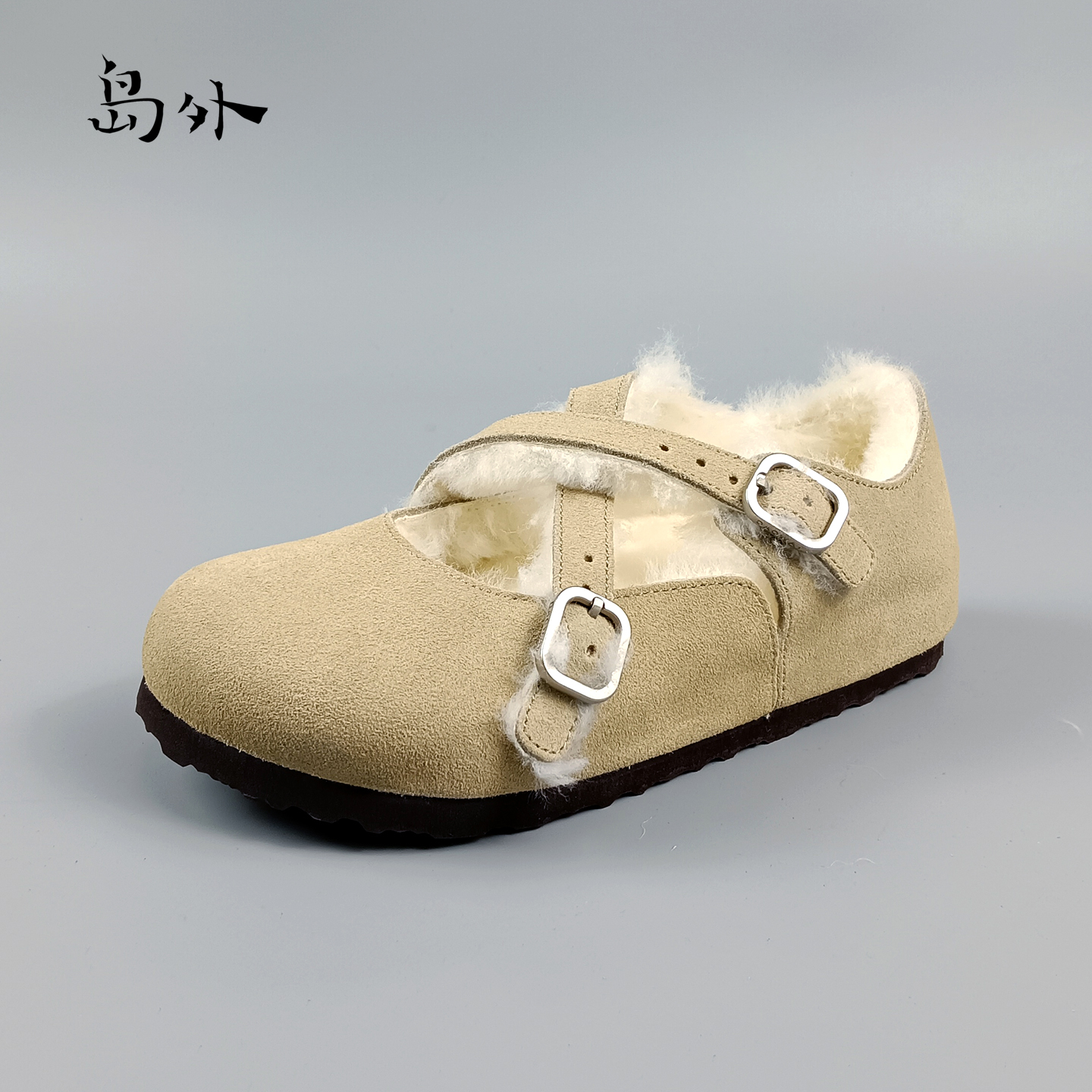 岛外DAOWAI交叉玛丽珍软木鞋加毛加绒加棉冬季保暖复古休闲鞋女
