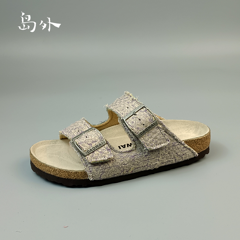岛外DAOWAI勃肯鞋软木拖鞋外穿个性名族风古布复古女一字凉拖鞋