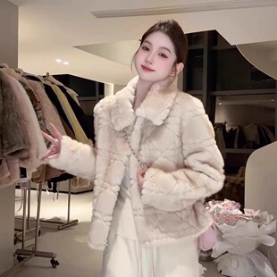 漫雪轻奢仿珍珠貂藤格纹皮毛一体外套女冬千金风环保皮草毛毛上衣