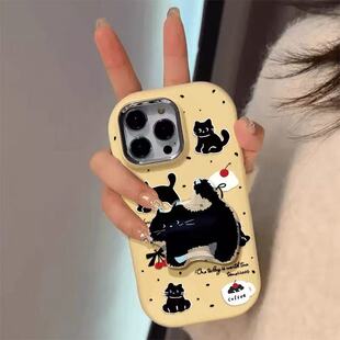 黑色猫咪支架适用于OPPOrealme真我14pro+13手机壳15/11neo7x/6seGT8prok12x新款K11/109全包V50镜框保护套