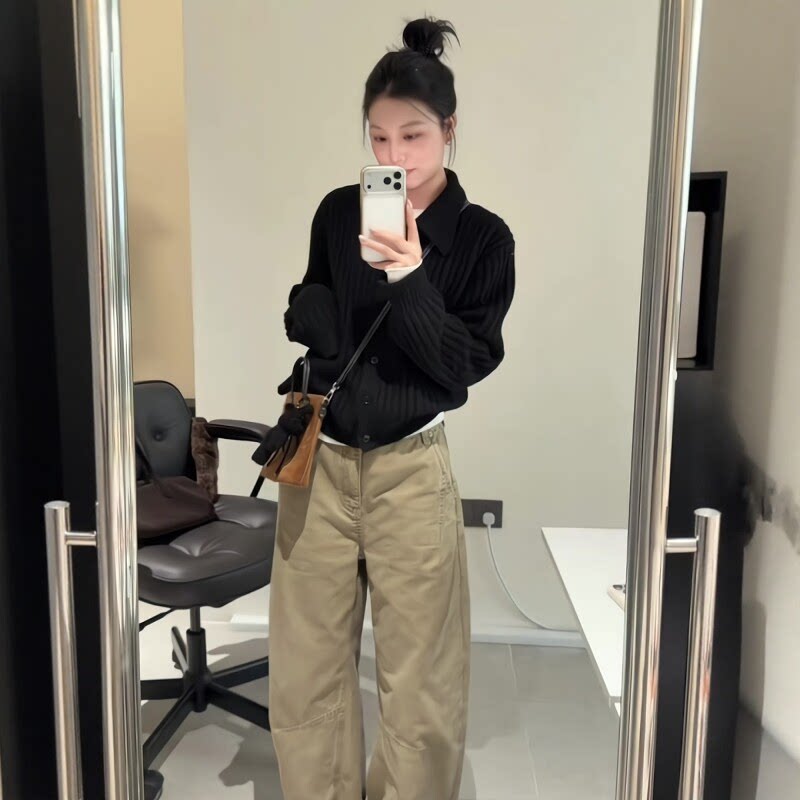 秋日韩系宽松气质针织长袖上衣女高腰复古流行卡其色阔腿长裤套装