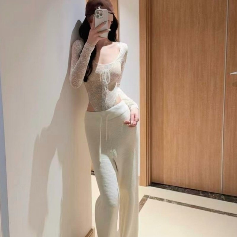 纯欲风性感蕾丝打底连体上衣女秋冬季休闲百搭宽松阔腿裤两件套装