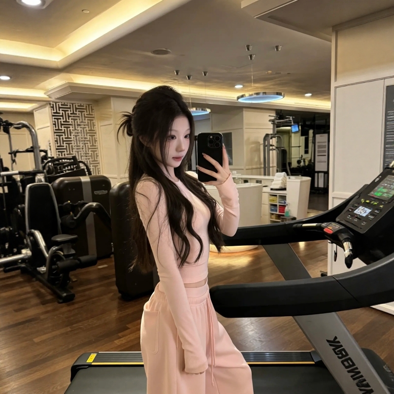 韩系休闲运动套装街头时髦纯色圆领T恤上衣女秋季宽松显瘦长裤