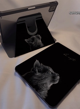 倚琪 黑色猫咪2025新款iPad10/9保护壳适用苹果air5/4/3透明8旋转10.2卡通Pro12.9/13亚克力mini7平板硅胶套6