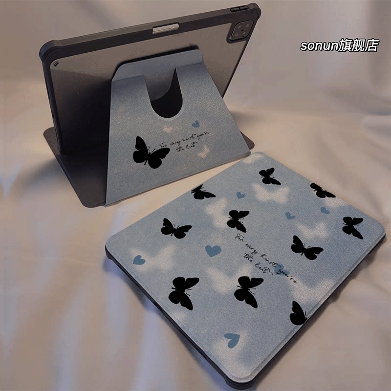 倚琪 蓝色蝴蝶2025新款小米平板8保护壳适用11英寸红米pad7带笔槽旋转电脑pro6透明卡通12.4寸7Spro硅胶套