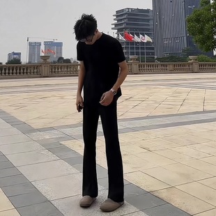 黑色柳叶弯刀西裤垂坠高级感微喇裤子微胖男生穿搭cleanfi直筒裤B