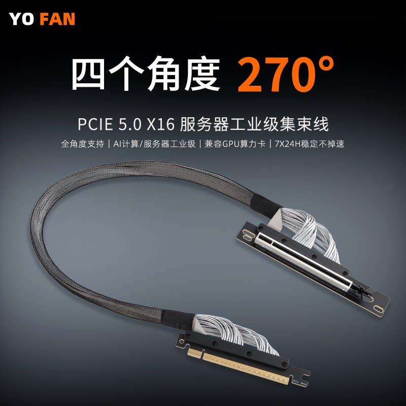 游梵GPU服务器专用PCIE5.0X16显卡延长线GEN5人工智能AI计算270°