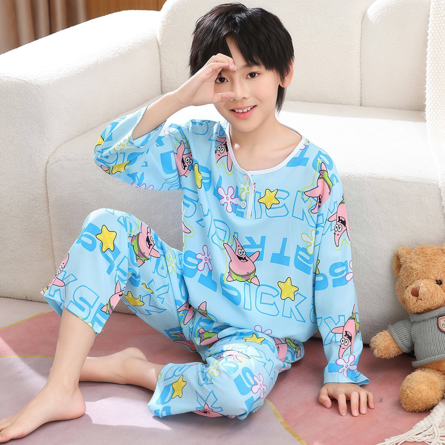 青少年夏天棉绸儿童睡衣长袖裤男女孩中大童空调服卡通家居服套装