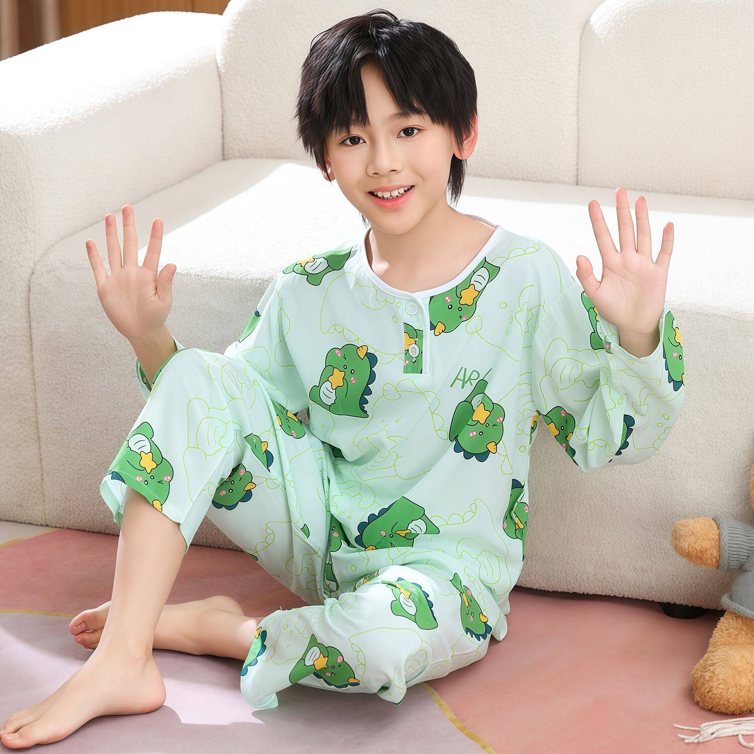 夏季儿童棉绸卡通薄款睡衣男女孩长袖长裤中大通青少年空调家居服