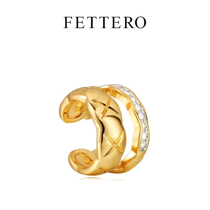 fettero 铜合金耳饰 【双色单个宽面菱格单线耳夹】小香风轻奢法