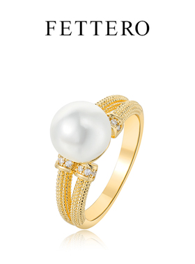 fettero 铜合金戒指 金色双线簇拥珠珠戒指