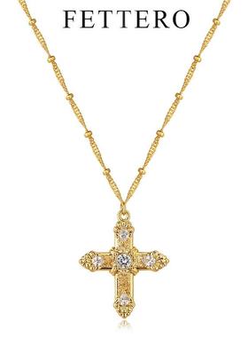 原创金色水滴锆十字架项链