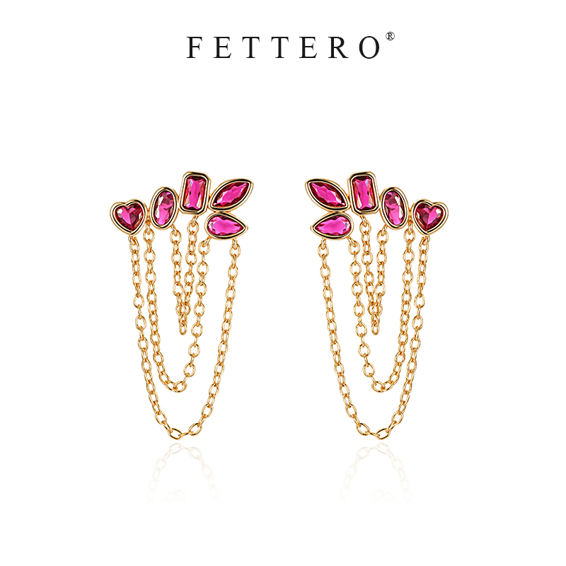 fettero 铜合金耳饰【红玉色单耳洞双耳洞对称链条耳钉】手工气质
